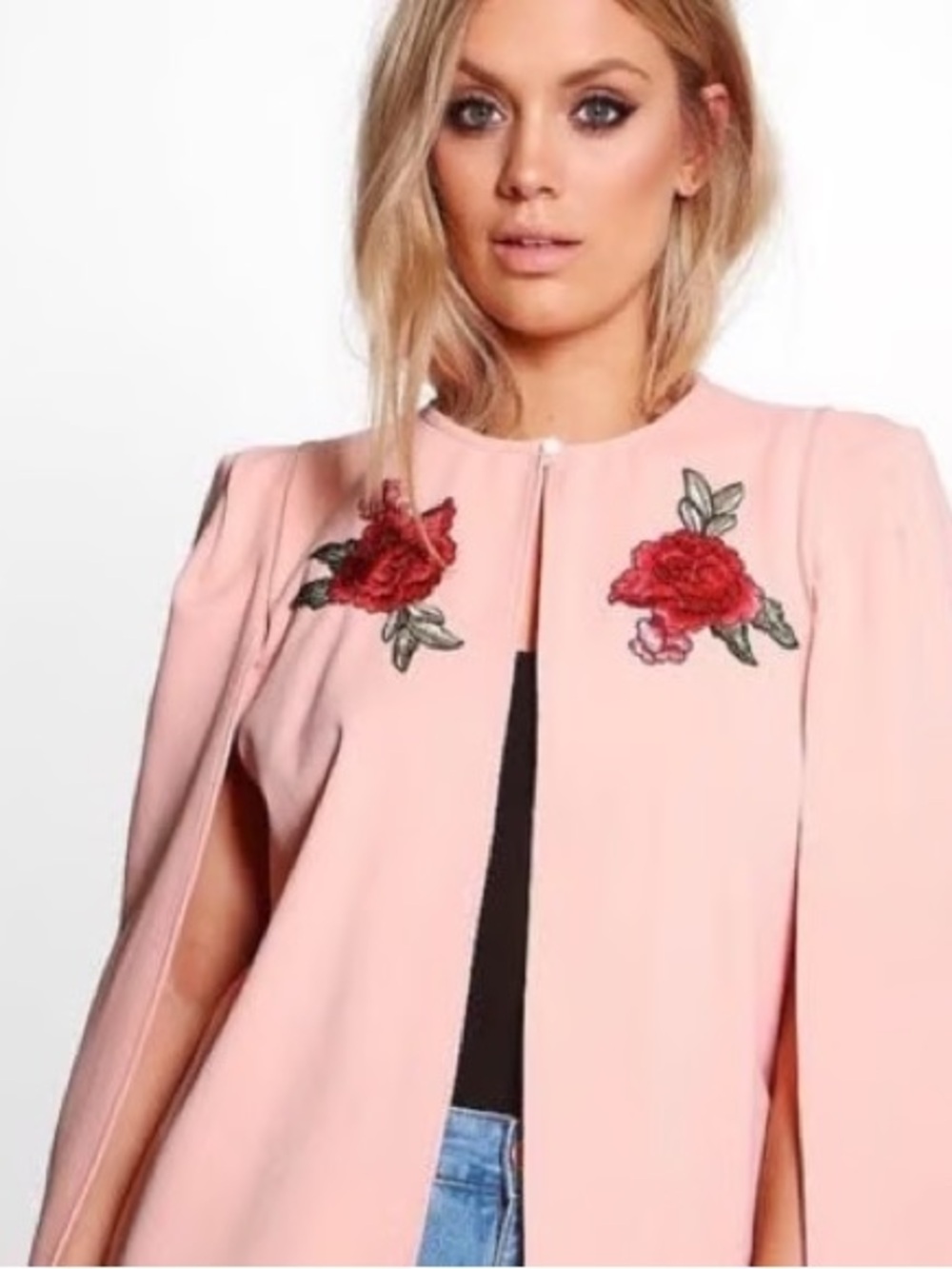 Boohoo Peach Embroidered Rose Cape Top